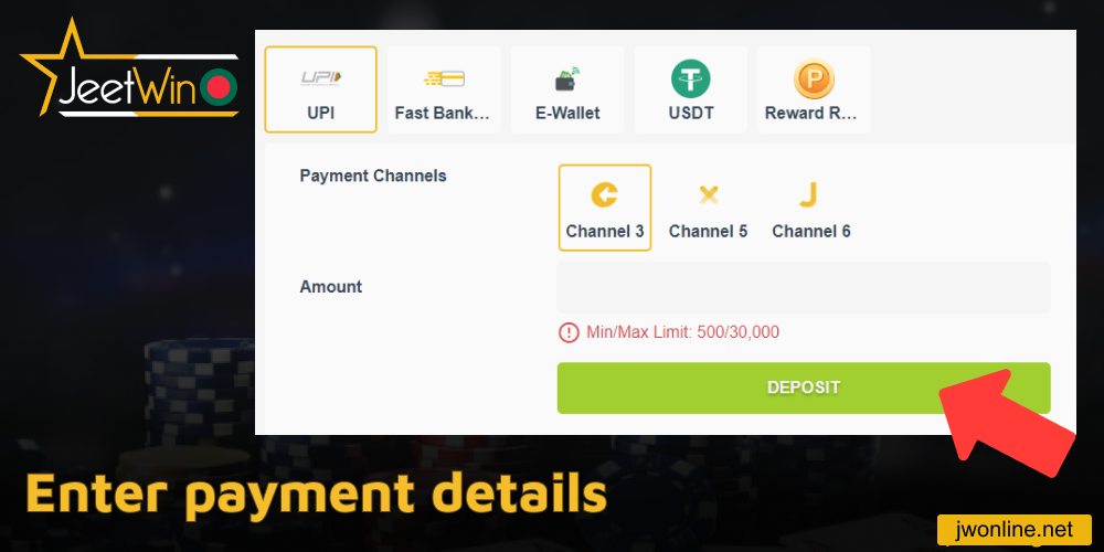 Enter your payment details on Jeetwin website