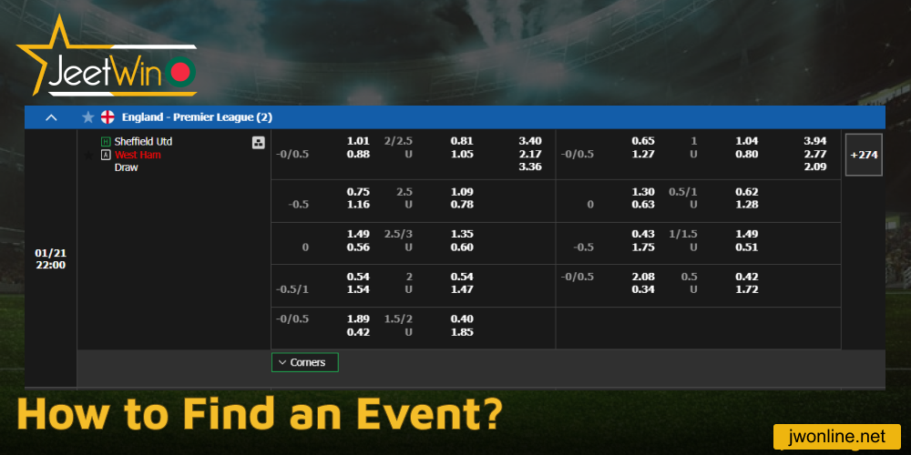 Instructions on finding a sporting event on Jeetwin