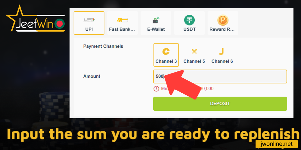 Input the sum you are ready to replenish on Jeetwin