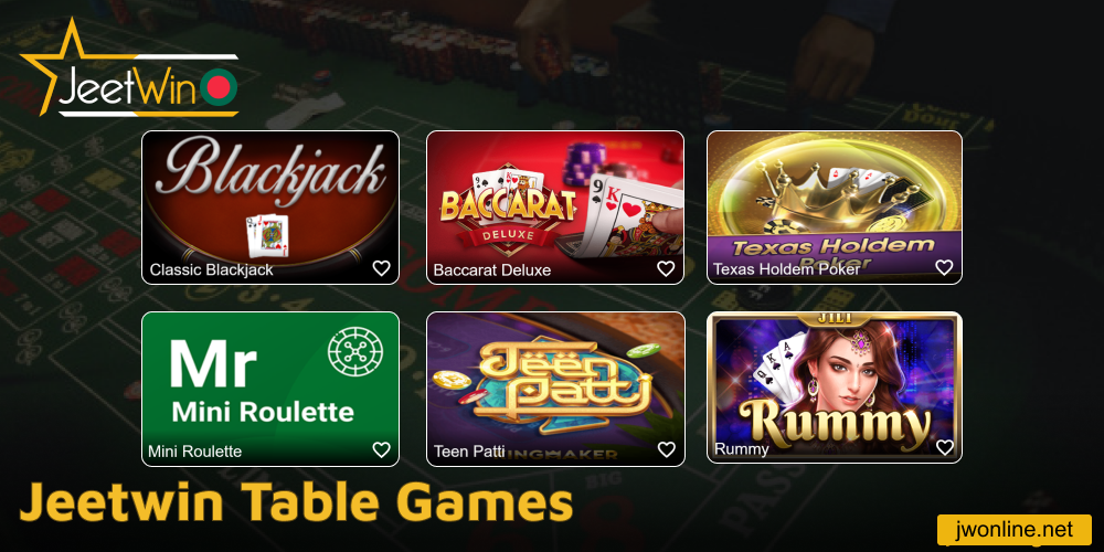Table games presented on Jeetwin