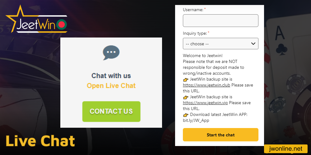 The ways to contact Jeetwin via Live Chat