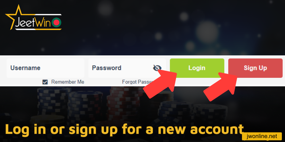 Log in or sign up for a new account on Jeetwin