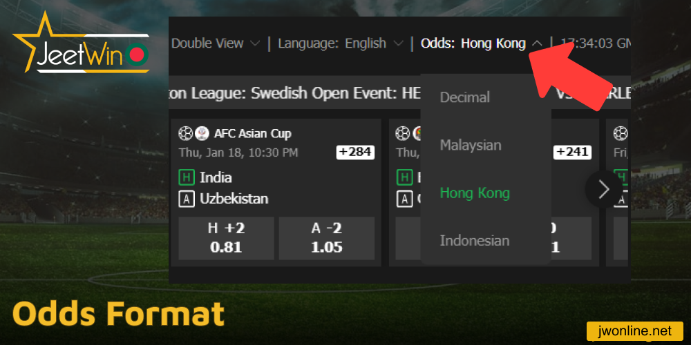 The odds format used on Jeetwin betting website