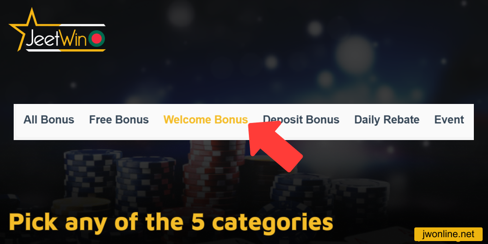 Pick any of the 5 categories on Jeetwin promotions tab