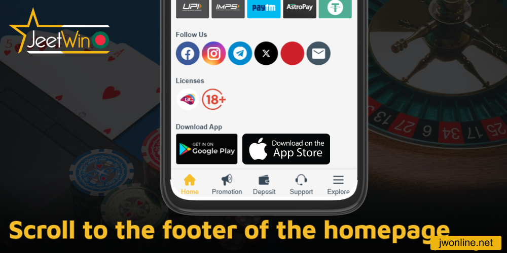 Scroll to the footer of the Jeetwin website homepage