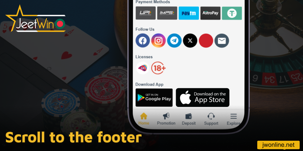 Scroll to the footer of Jeetwin website