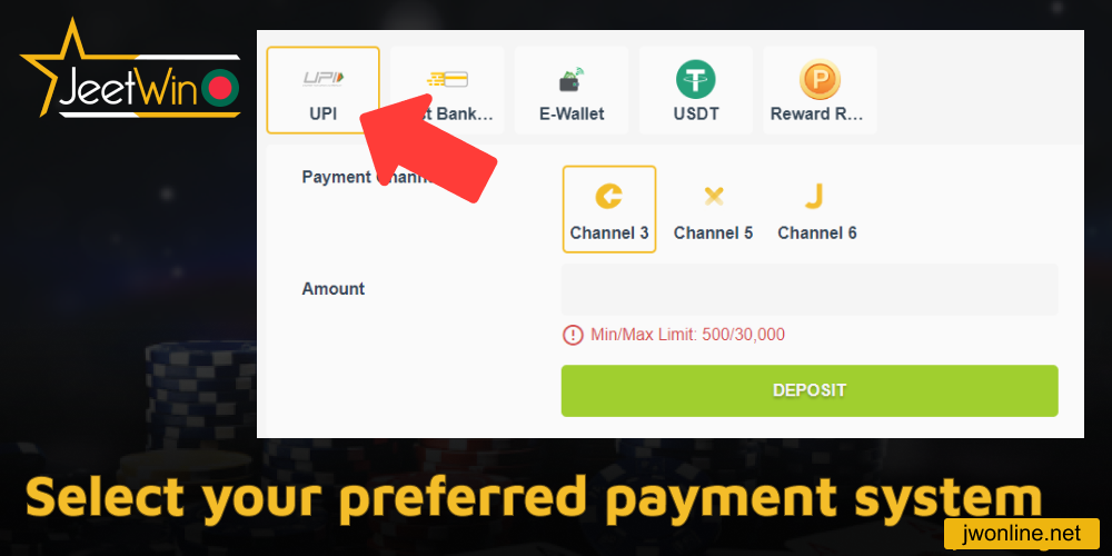 Select your preferred payment system on Jeetwin